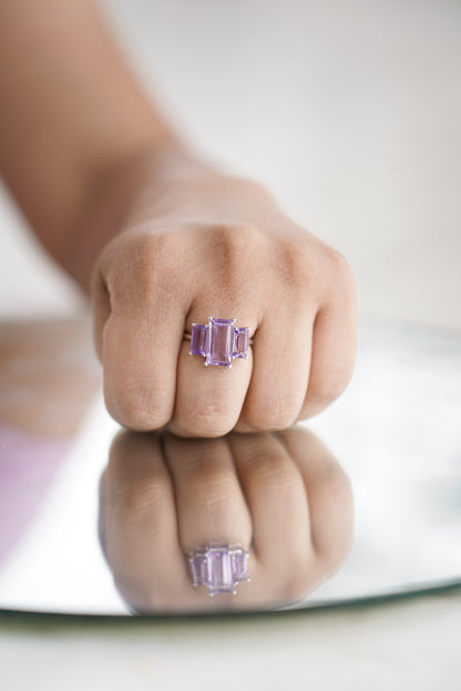 3 Baguette Light Amethyst gemstone ring