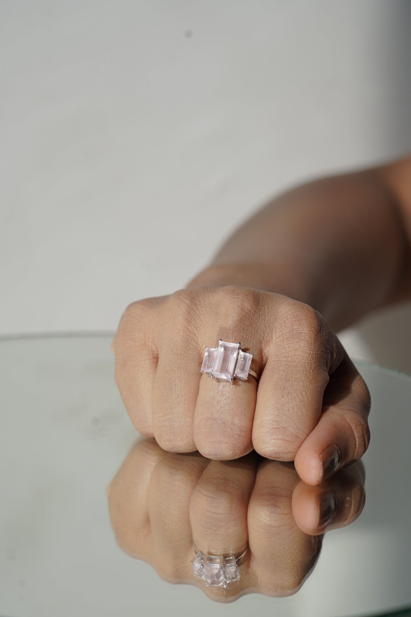 3 Baguette Rose Quartz gemstone ring