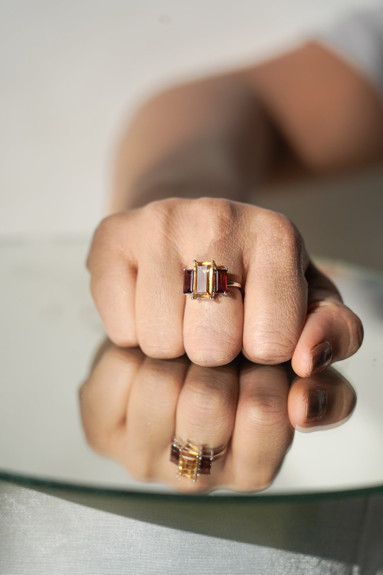 3 bagget citrine + garnet gemstone ring