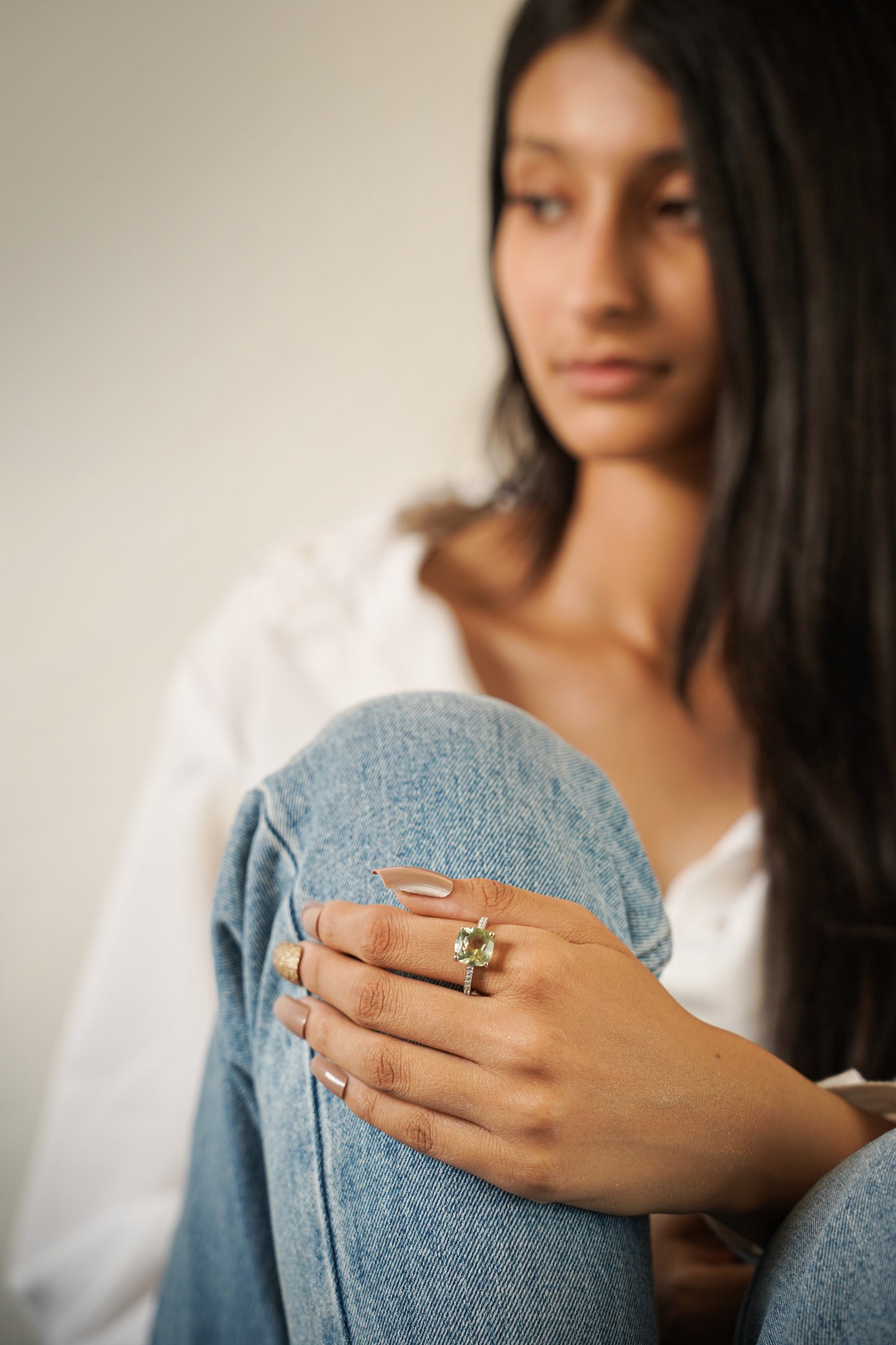 Natural green amethyst gemstone cushion ring