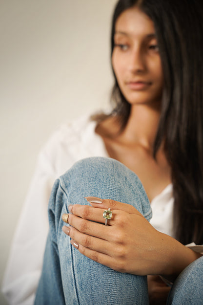 Natural Green Amethyst Gemstone Cushion Ring