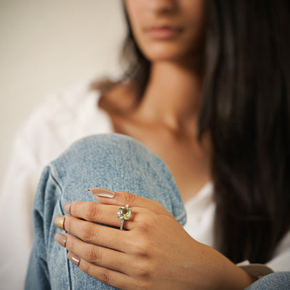 Natural Green Amethyst Gemstone Cushion Ring