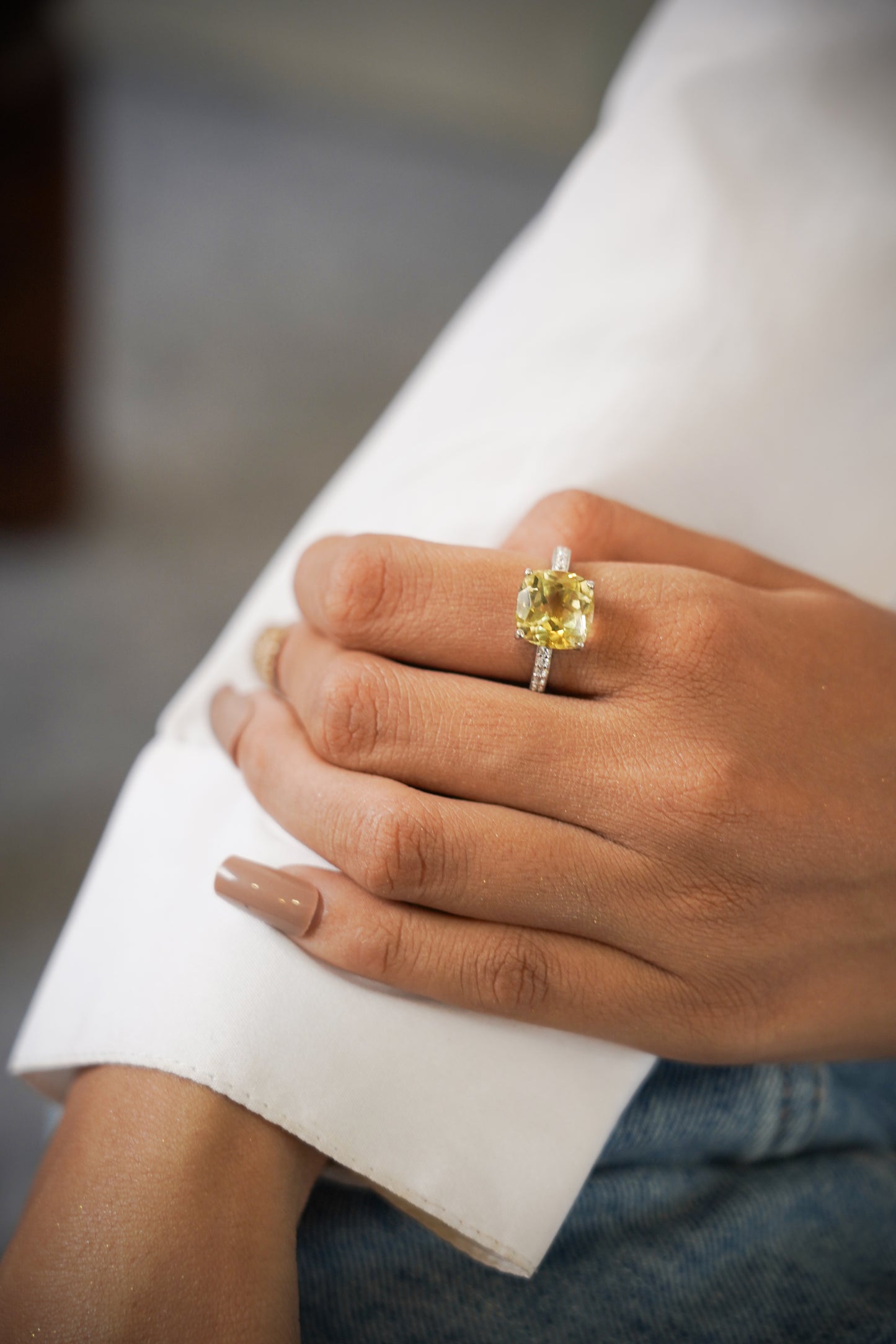 Natural Lemon Quartz Gemstone Cushion Ring