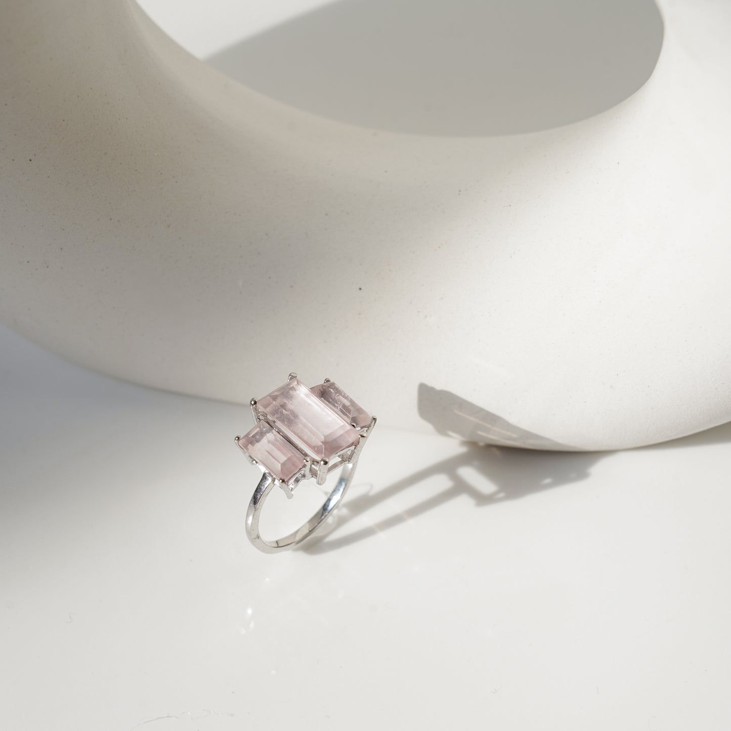 3 Baguette Rose Quartz gemstone ring