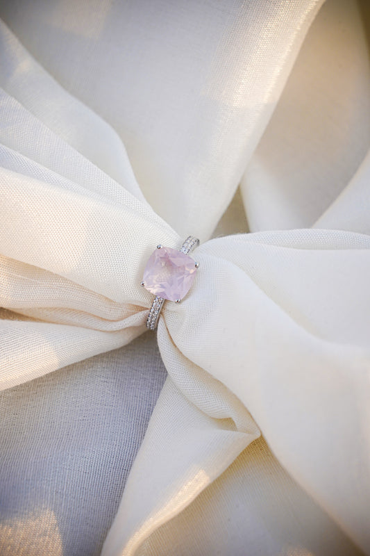 Natural rose quartz gemstone cushion ring