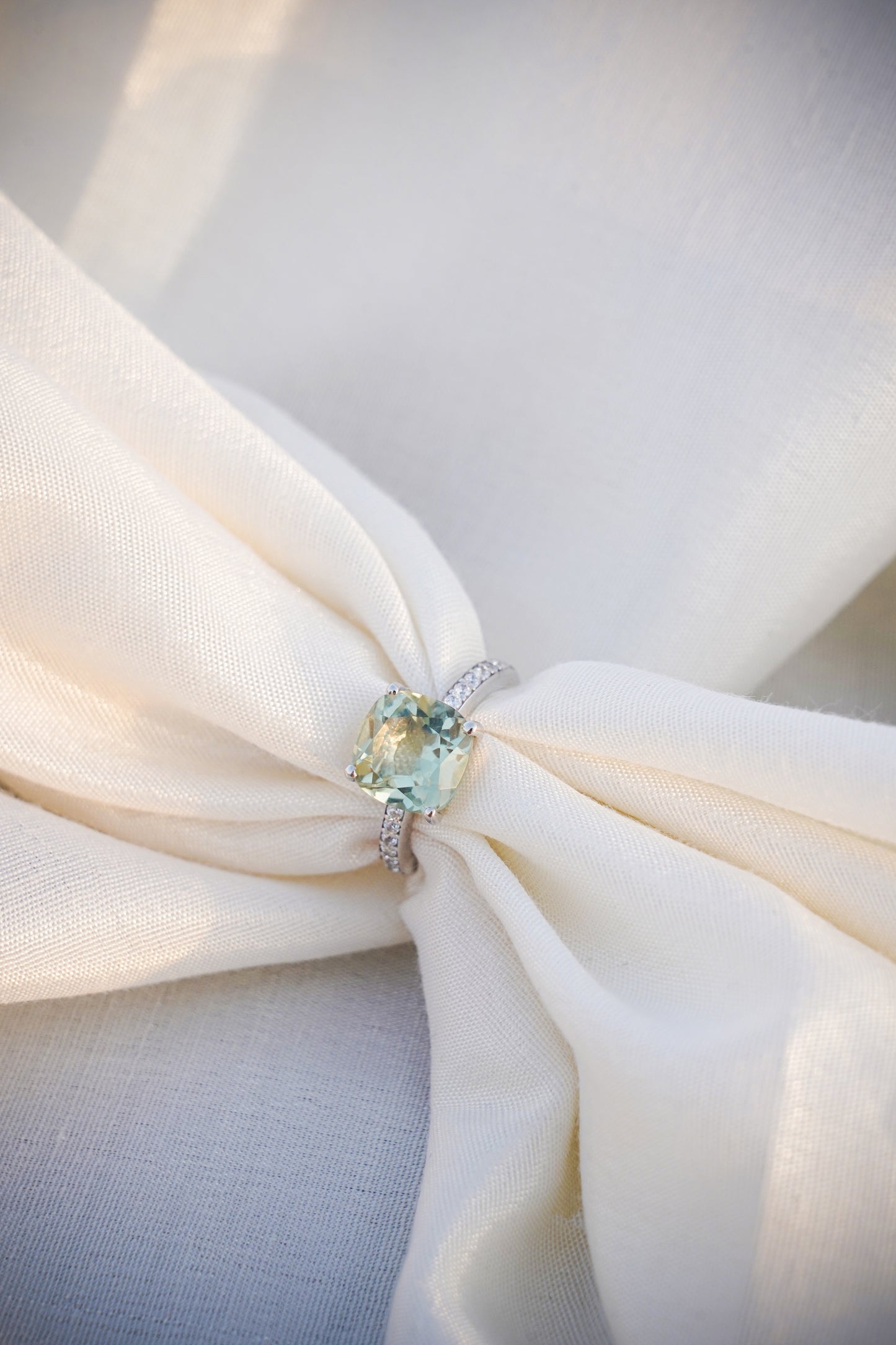 Natural green amethyst gemstone cushion ring