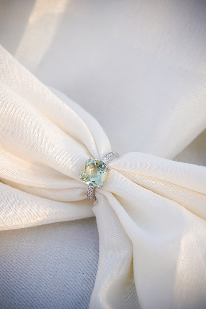 Natural Green Amethyst Gemstone Cushion Ring