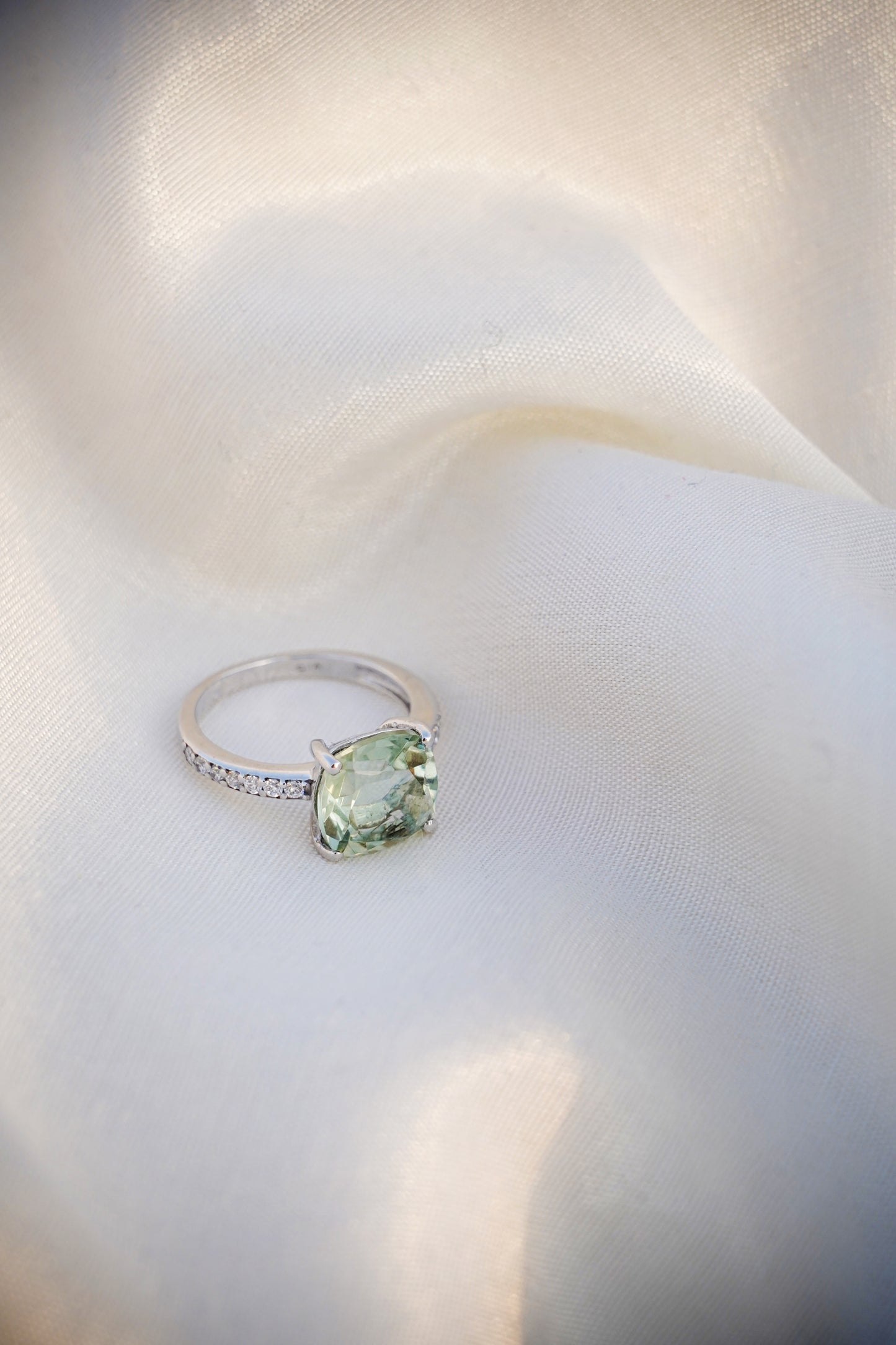 Natural green amethyst gemstone cushion ring