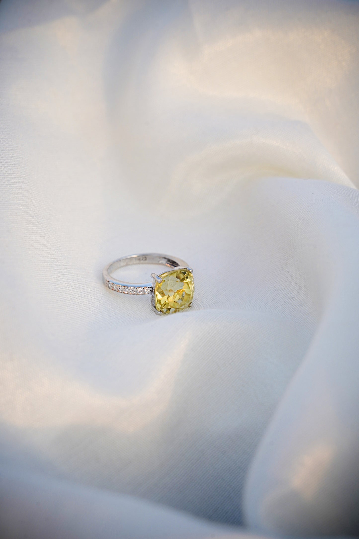 Natural Lemon Quartz Gemstone Cushion Ring