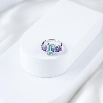 Octagon Fusion Sky Blue Topaz & Amethyst Ring