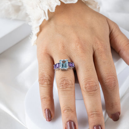 Octagon Fusion Sky Blue Topaz & Amethyst Ring