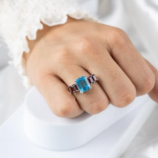 Octagon Fusion Blue Topaz + Garnet Ring