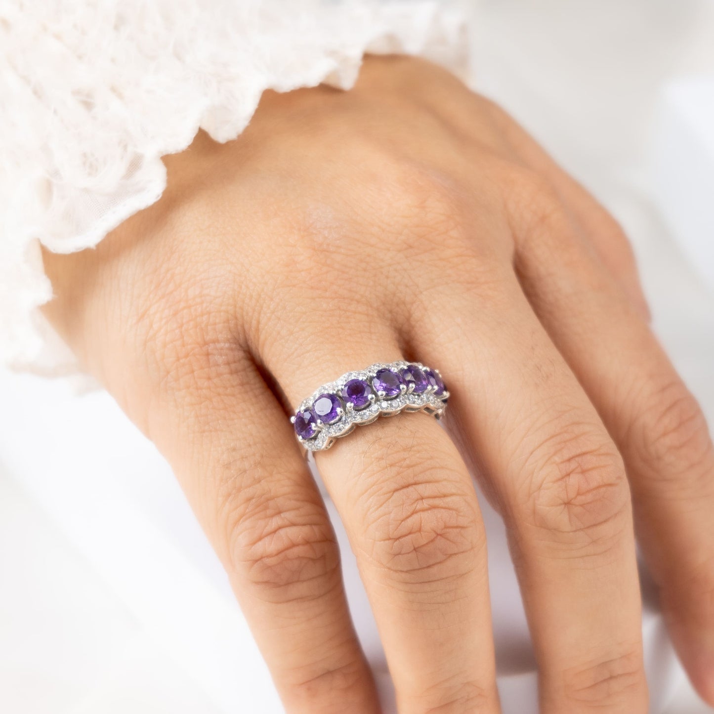 Sparkling Halo Amethyst Ring Band