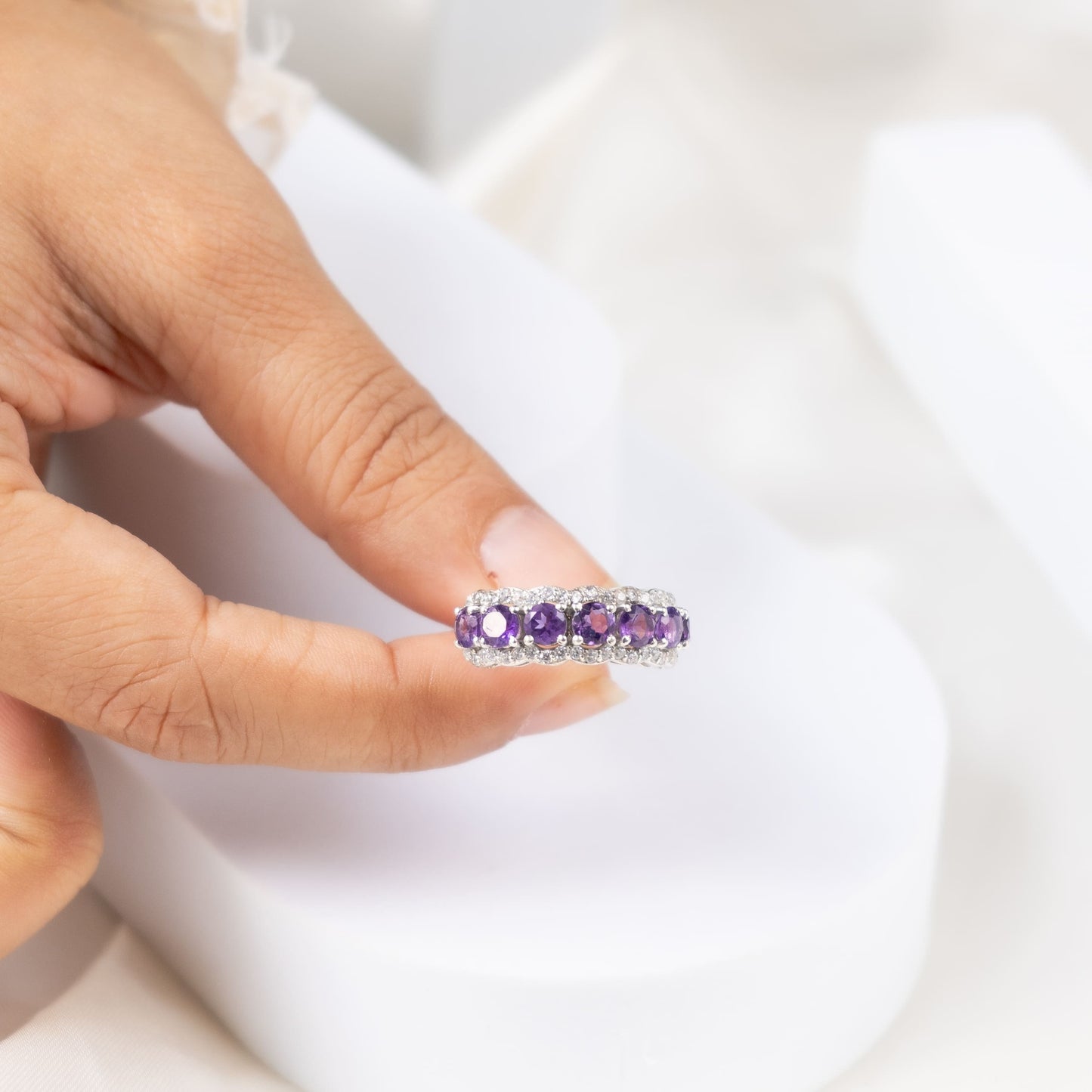 Sparkling Halo Amethyst Ring Band